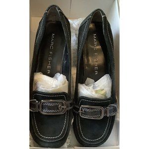 MARC FISHER ABRUZZA BLACK SUEDE Slip-On WEDGE HEEL Alligator Trim Buckle 7M EUC!